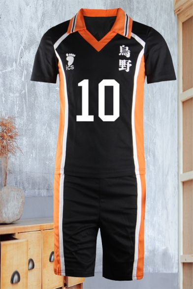 Trendy Guys Black Japanese Letter Number 1 Print Contrasted Short Sleeve Spread Collar Relaxed Tee & Slim Fit Shorts Set