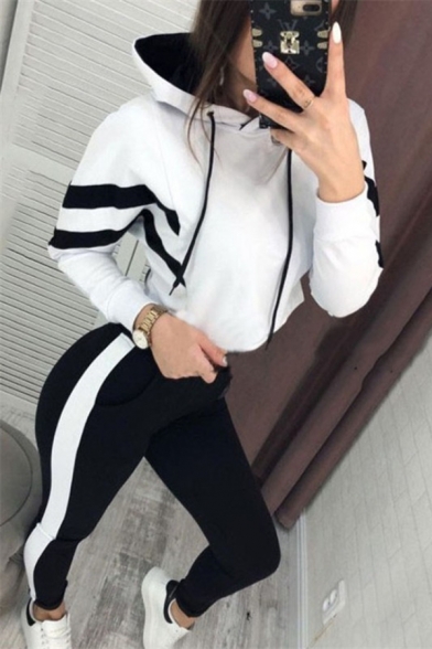 White Chevron Pattern Long Sleeve Drawstring Loose Cropped Fashion Hoodie & Contrasted Ankle Length Skinny Pants Set for Girls
