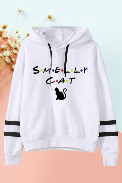 White Letter Smelly Cat Graphic Vartity Striped Long Sleeve Drawstring Relaxed Trendy Hoodie for Girls