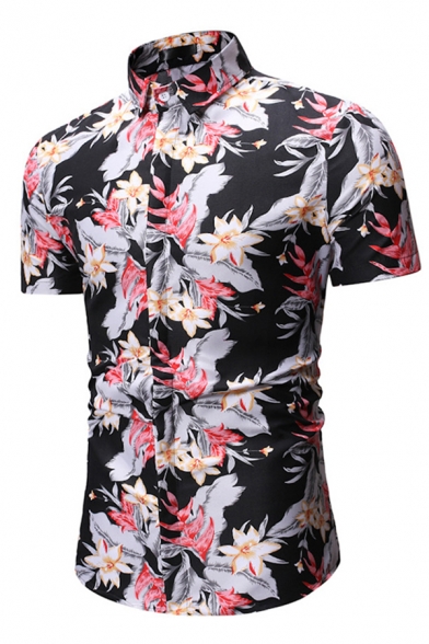 All over Flower Printed Short Sleeve Turn-down Collar Button up Regular Fitted Stylish Shirt