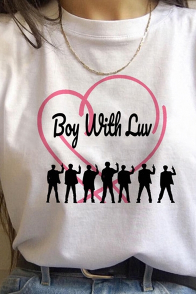 Basic White Letter Boy with Luv Cartoon Graphic Short Sleeve Crew Neck Loose Fit Tee Top