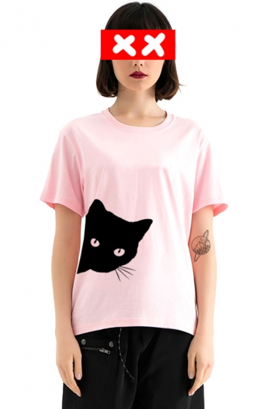 Casual Womens Cat Printed Short Sleeve Crew Neck Relaxed Fit T Shirt
