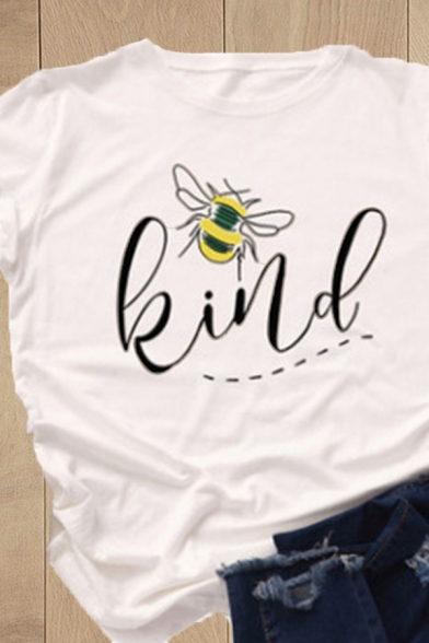 Casual Womens Letter Kind Bee Graphic Rolled Short Sleeve Crew Neck Slim Fit T Shirt