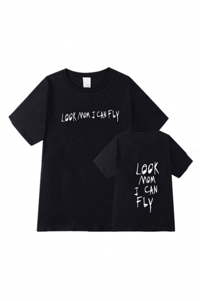 Chic Letter Look Mom I Can Fly Print Short Sleeve Crew Neck Loose T-shirt for Boys
