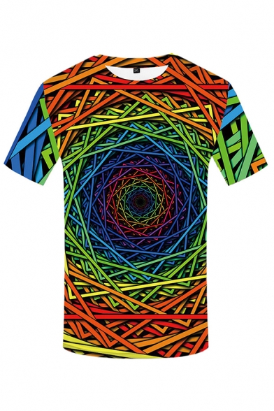 Creative Abstract Geometric 3D Printed Short Sleeve Crew Neck Regular Fit T Shirt in Red
