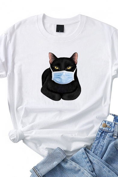 Funny Cat Patterned Short Sleeve Crew Neck Relaxed Fit Basic T Shirt for Girls