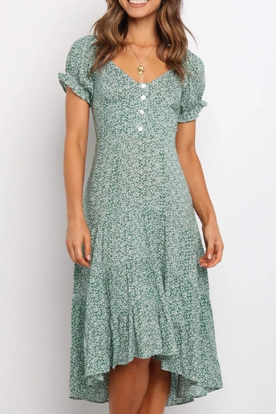 Girls Popular Ditsy Floral Printed Stringy Selvedge Short Sleeves Sweetheart Neck Button up Ruffled Mid A-line Dress in Green