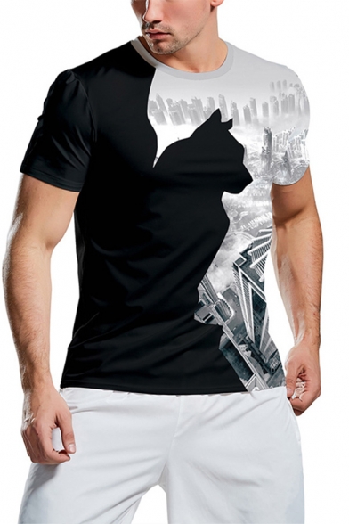 Guys Stylish Cat Printed Short Sleeve Crew Neck Slim Fit T Shirt in Black