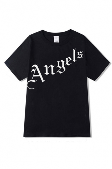 Leisure Mens Letter Angels Print Short Sleeve Crew Neck Loose Fit T Shirt