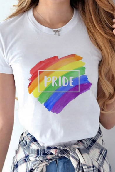 Letter Pride Colorful Stripe Graphic Short Sleeve Crew Neck Loose Trendy Tee Top in White
