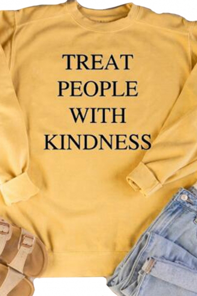 Letter Treat People with Kindness Print Long Sleeve Crew Neck Popular Pullover Sweatshirt for Women