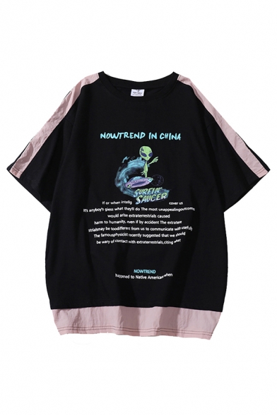 Mens Popular Letter Nowtrend in China Alien Graphic Patchwork Short Sleeve Round Neck Oversize Tee Top