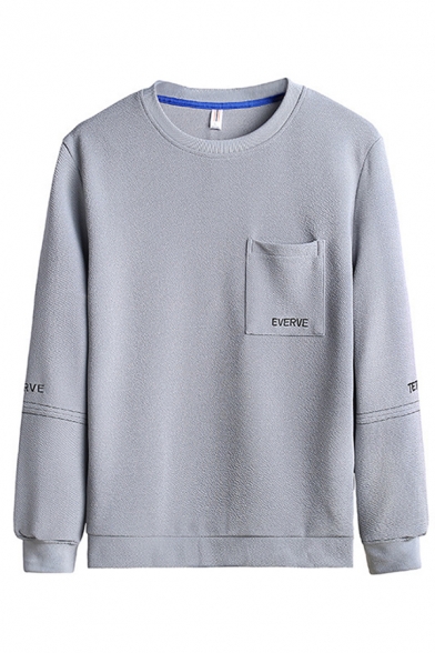 Popular Mens Letter Everve Printed Contrasted Stitch Chest Pocket Long Sleeve Crew Neck Relaxed Pullover Sweatshirt