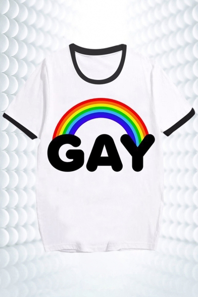 Popular White Letter Gay Rainbow Graphic Relaxed Fit Ringer Tee Top for Women