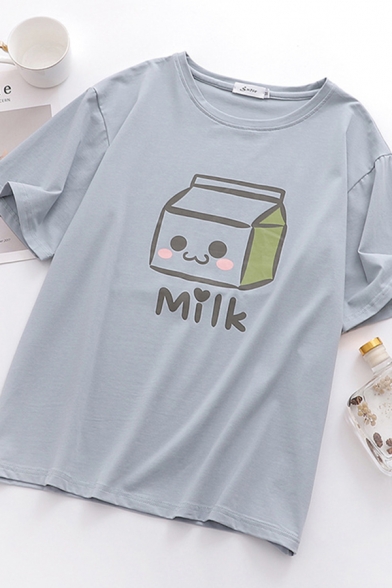 Popular Womens Letter Milk Box Graphic Short Sleeve Round Neck Relaxed Fit Tee Top in Light Gray