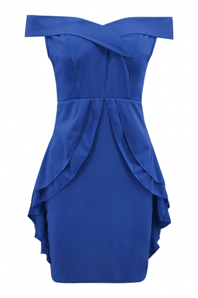 Popular Womens Solid Color Off the Shoulder Ruffled Trim Short Fitted Dress for Special Occasion