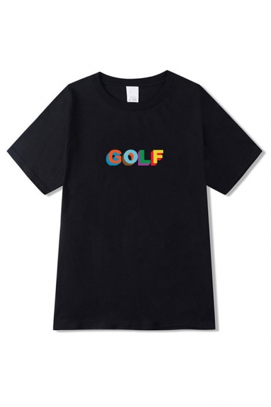 Simple Boys Colorful Letter Golf Print Short Sleeve Crew Neck Relaxed T Shirt