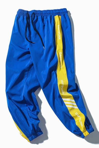 Sporty Mens Colorblock Letter Daftpunk Drawstring Cuffed Mid Rise Relaxed Fitted 7/8 Length Jogger Pants