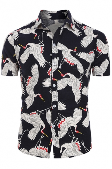 Stylish Mens Allover Crane Patterned Short Sleeves Spread Collar Button ...