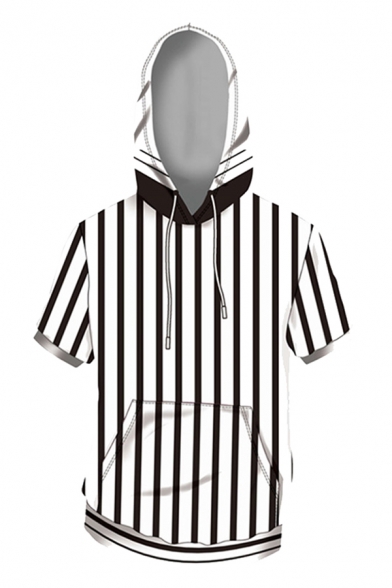 Stylish Stripe 3D Printed Short Sleeve Drawstring Pouch Pocket Relaxed Fitted Hoodie in White