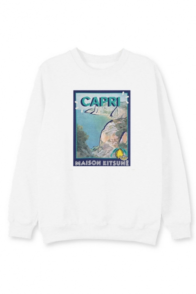 Trendy Letter Capri Print Graphic Long Sleeve Crew Neck Loose Pullover Sweatshirt for Women