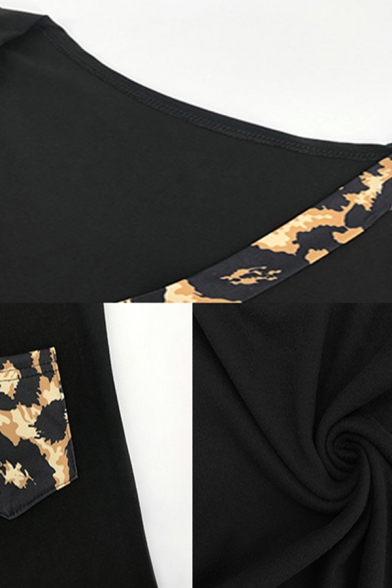 Trendy Womens Leopard Printed Panel Pocket Short Sleeve V-neck Regular Fit T Shirt