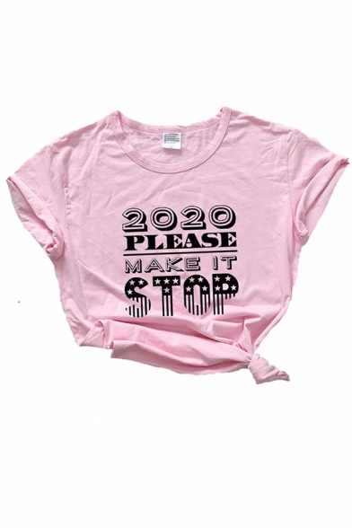 2020 Please Make It Stop Letter Printed Roll up Sleeves Crew Neck Regular Fit Basic T-shirt for Girls