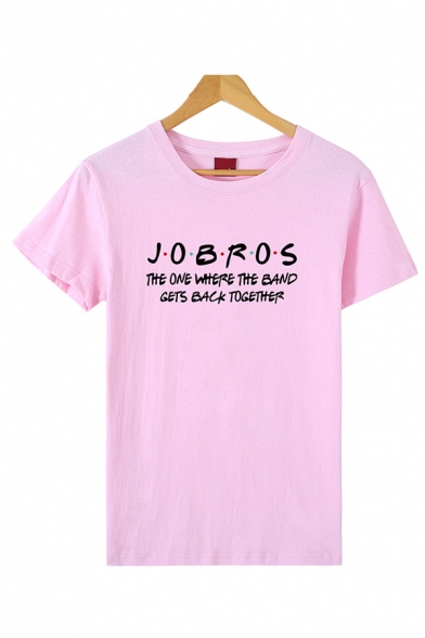 Basic Letter Jobros Print Short Sleeve Crew Neck Loose Tee Top for Women