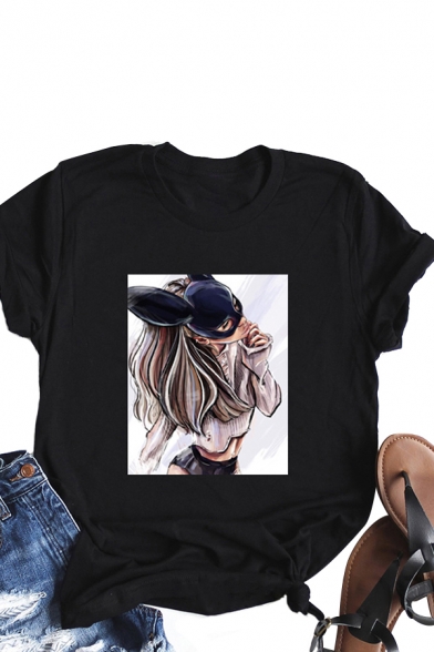 Black Cartoon Figure Print Rolled Short Sleeves Crew Neck Regular Fit Stylish T-shirt for Girls