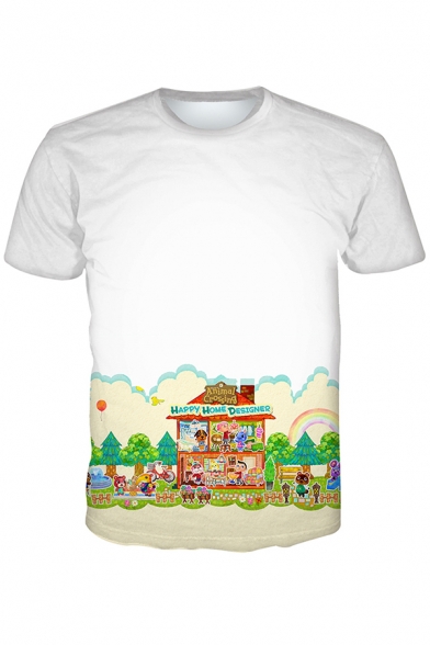 Casual Mens Cartoon House Bear Printed Short Sleeve Crew Neck Regular Fitted T Shirt