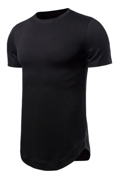 Casual Mens Solid Color Short Sleeve Crew Neck Curved Hem Regular Fitted Tee Top