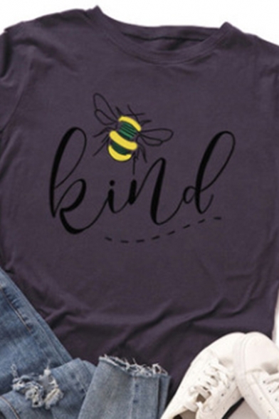 Casual Womens Letter Kind Bee Graphic Rolled Short Sleeve Crew Neck Slim Fit T Shirt