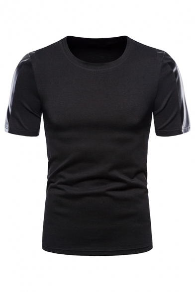 Chic Mens Plain Leather Panel Short Sleeve Crew Neck Regular Fitted Tee Top
