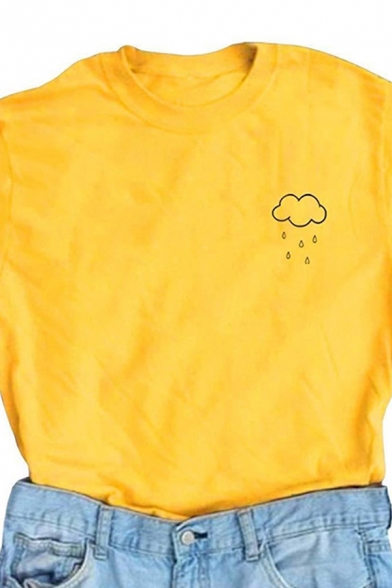 Chic Womens Cartoon Cloud Printed Rolled Short Sleeve Crew Neck Loose T-shirt in Yellow