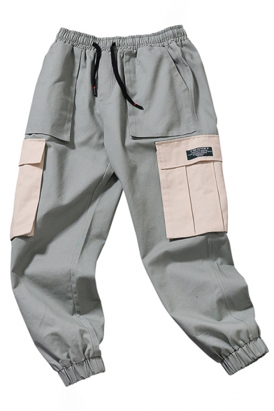 Cool Mens Patchwork Flap Pocket Cuffed Mid Rise Regular Fitted Ankle length Cargo Pants