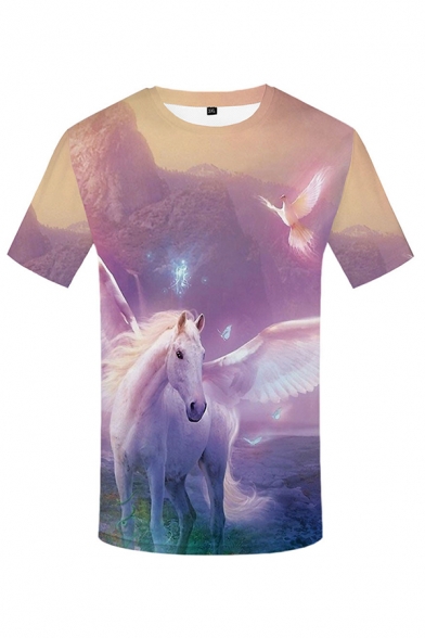 Fancy Pink Cartoon Horse 3D Pattern Short Sleeve Crew Neck Relaxed Fit Tee Top for Men