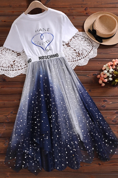 Fashion Girls Letter Hane Colette Heart Graphic Short Sleeve Crew Neck Sequins Ombre Mesh Tape Panel Mid Pleated A-line T Shirt Dress in Blue
