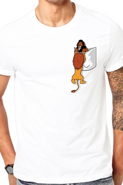 Fashionable Men's Cartoon Printed Crew Neck Short Sleeve Regular Fit T-Shirt in White