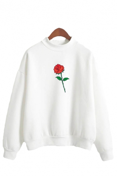 Korean Girls Rose Pattern Long Sleeve Mock Neck Loose Fit Pullover Sweatshirt