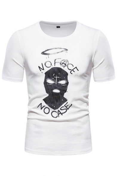 Letter No Face No Case Cartoon Graphic Short Sleeve Crew Neck Slim Fit White Fashion Tee Top for Men