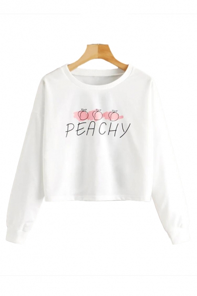 Letter Peachy Cartoon Peach Graphic Long Sleeve Round Neck Loose Trendy Crop Tee for Women
