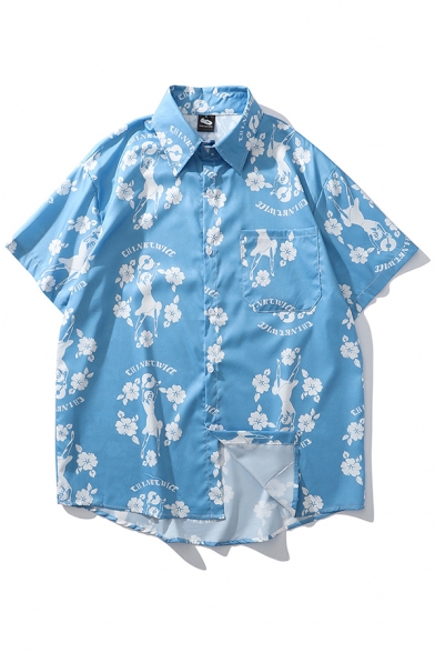 Simple Blue Mens Characeter Floral Letter Chinktwice Printed Button up Point Collar Short Sleeve Loose Fitted Shirt with Pocket