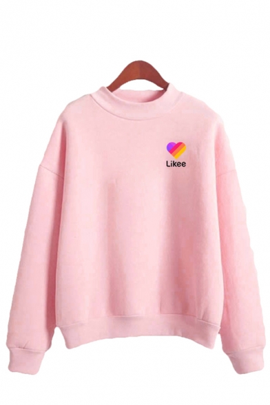 Simple Letter Likee Colorful Heart Graphic Long Sleeve Mock Neck Relaxed Pullover Sweatshirt for Ladies