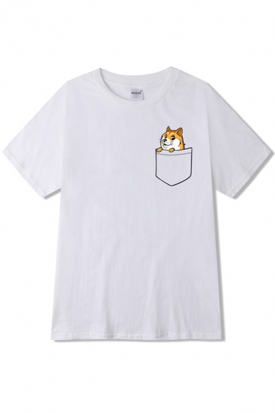 Simple Mens Cartoon Dog Printed Fake Pocket Short Sleeve Round Neck Regular Fitted T-Shirt