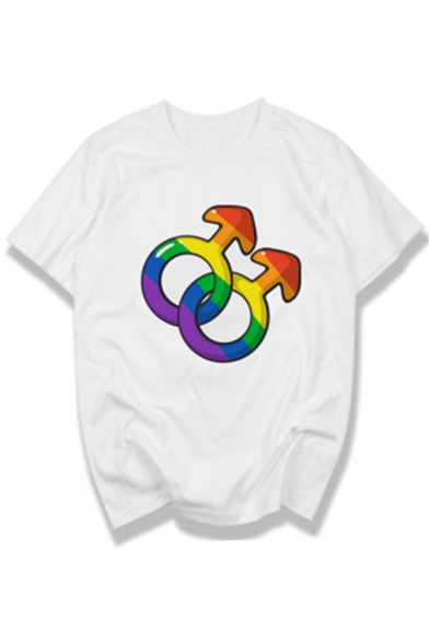 Stylish White Rainbow Gender Symbol Heart Letter Patterned Short Sleeve Crew Neck Loose Fit Tee Top for Men