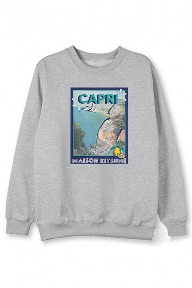 Trendy Letter Capri Print Graphic Long Sleeve Crew Neck Loose Pullover Sweatshirt for Women