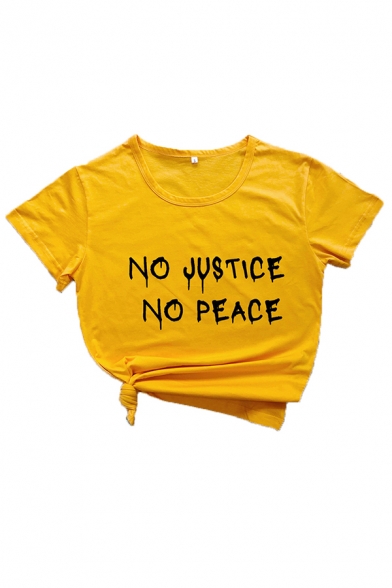 Trendy Womens Letter No Justice No Peace Printed Short Sleeve Crew Neck Loose T Shirt