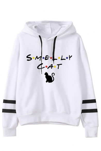 White Letter Smelly Cat Graphic Vartity Striped Long Sleeve Drawstring Relaxed Trendy Hoodie for Girls
