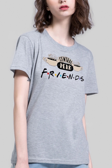 Basic Womens Letter Friends Cartoon Cup Graphic Short Sleeve Crew Neck Relaxed T Shirt