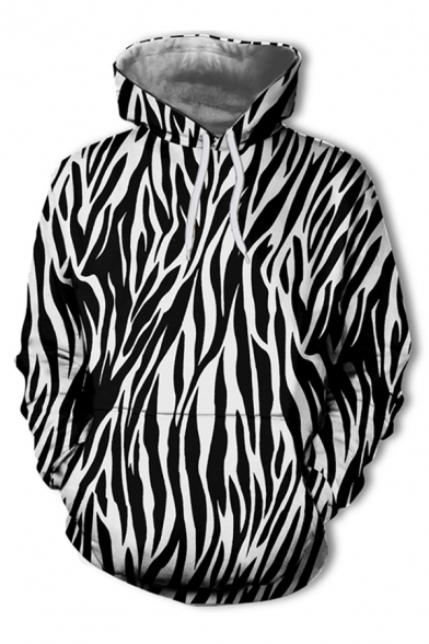 Black Abstract Stripe 3D Printed Long Sleeve Drawstring Kangaroo Pocket Loose Fit Popular Hoodie for Men
